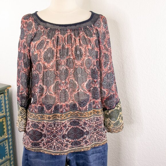 Plenty by Tracy Reese Boho Sheer Blouse Women’s S Gauze Batik Print Crochet Trim - Picture 7 of 13